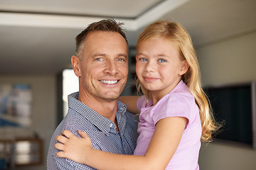 Image showing Daughter, dad and portrait for embrace, family and home with smile and playtime with hug. Father, little girl and happy for joy, care and child development with joy and love at house together