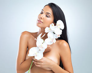 Image showing Woman, flower and body for organic, skincare and dermatology in studio on white background. Plant, female person or glow for healthy, green or natural in moisturizing, hydration or self care