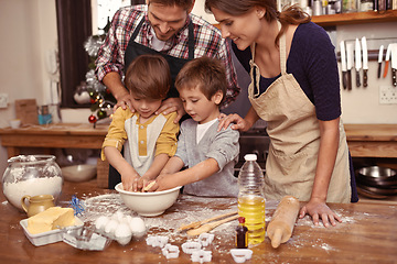 Image showing Family, smile and children baking, learning or happy boys bonding together with parents in home. Father, mother and kids cooking with flour, food and teaching brothers how to make dessert in kitchen