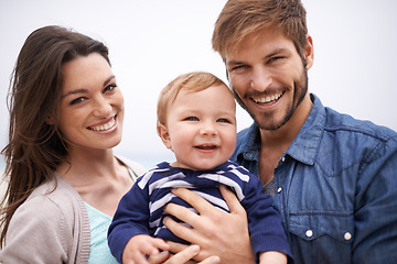 Image showing Mother, father and portrait with toddler for family, love and adoption with happiness. Man, woman and face of parents with baby for domestic, support and bonding together on white background