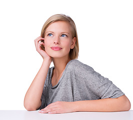 Image showing Woman, studio and thinking with smile, hand and planning for daydreaming or decisions. Model, ideas and vision with thoughts, nostalgia or pondering with question isolated on white background