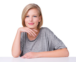 Image showing Woman, portrait and cosmetic beauty in studio with confidence or makeup treatment, white background or table. Female person, face and model in Canada or skincare dermatology, wellness or mockup space