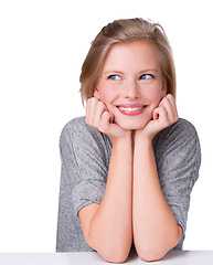 Image showing Woman, smile and studio with hands, planning or daydreaming or thinking. Model, nostalgia or ideas with contemplating, wondering or playful or thoughtful and sitting isolated on white background