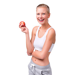 Image showing Smile, woman and apple in studio, wellness and clean food for balance diet. Slimming and health eating habit with fruit and vitamin for nutrition and fibre for digestion, model on white background