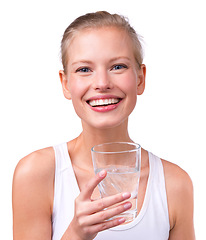 Image showing Woman, portrait and happy with water in studio for nutrition, hydration and detox for healthy body, wellness and thirsty. Model, person and face with smile, beverage and liquid on white background