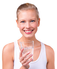 Image showing Portrait, woman and health with water glass, smile and happy on white background. Young female, nutrition and wellness goals in studio for hydrate, refresh and thirst for detox and happiness