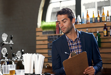 Image showing Bar, stock or man with checklist for small business logistics, inventory or menu update on clipboard. Startup, reading pub info or manager writing sale price for an order in diner cafe or restaurant