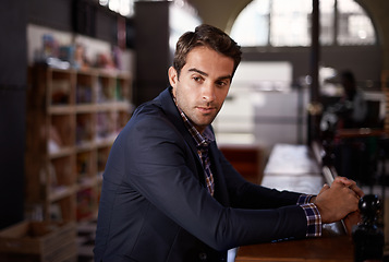 Image showing Businessman, table and thinking in pub to plan project for restaurant, service and event. Male person, entrepreneur and bar counter with deep thoughts, vision and ideas for hospitality industry