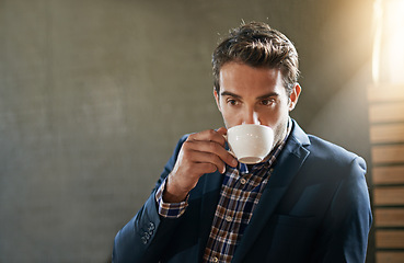 Image showing Businessman, coffee shop and drinking while thinking in morning for corporate enterprise career, deep thoughts and wondering with mug. Male person, idea and contemplating for decision with beverage