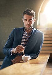 Image showing Coffee, cafe or businessman on break to relax on lunch for cup of espresso or beverage on counter. Hospitality industry, professional entrepreneur or customer at restaurant with confidence or tea