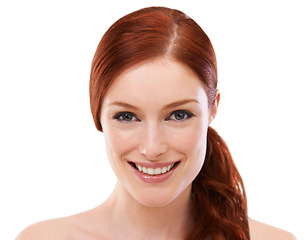 Image showing Studio, happy woman and portrait with red hair for beauty and skincare with collagen or cosmetology. Young model, smile or face for dermatology with foundation or facial treatment by white background
