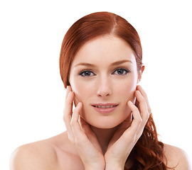 Image showing Studio, happy model and portrait with red hair for beauty and skincare with collagen or cosmetology. Young woman, smile or face for dermatology with foundation or facial treatment by white background