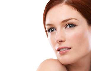 Image showing Studio, happy woman and thinking of red hair of dye treatment, cosmetology and skincare for beauty with freckles. France model, idea and dermatology for makeup and collagen facial by white background