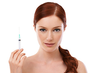 Image showing Woman, portrait and injection syringe or filler cosmetics for anti aging dermatology, plastic surgery or white background. Female person, needle and facelift or wrinkles in studio, cosmetic or mockup