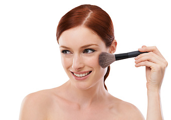 Image showing Beauty, face and model with makeup, brush and cosmetic on isolated white background. Smile, cosmetology and skincare for aesthetic, self care or wellness with tools for foundation or powder blush