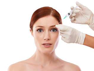 Image showing Woman, portrait and hands or filler injection in face or anti aging skincare procedure, dermatology or plastic surgery. Female person, transformation and syringe or studio, mockup or white background