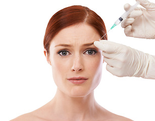 Image showing Woman, portrait and hands or botox syringe or anti aging skincare procedure, wrinkles or plastic surgery. Female person, scared and needle or forehead injection or studio, mockup or white background