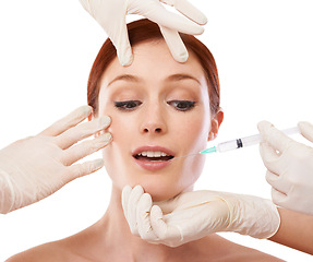 Image showing Woman, hands and filler injection in lips or anti aging skincare procedure, dermatology or plastic surgery. Female person, fingers and syringe needle or facelift at studio, mockup or white background