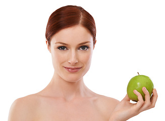 Image showing Portrait, wellness and woman with apple in studio with smile in white background for healthcare. Female person, happiness and joy fruit as food for vitamins to eat in diet, nutrition and natural