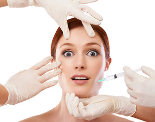 Image showing Woman, portrait and hands or botox injection in face or anti aging skincare procedure, dermatology or plastic surgery. Female person, fingers and syringe needle or studio, mockup or white background