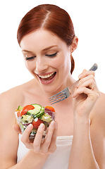 Image showing Woman, salad and healthy eating or excited in studio or nutrition vegetables or diet, wellbeing or white background. Female person, dinner and vegan snack or wellness lunch, lose weight or mockup