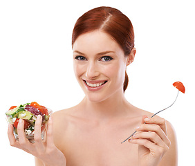 Image showing Woman, salad and healthy eating as portrait in studio or nutrition vegetables for diet, wellbeing or white background. Female person, dinner and vegan snack for wellness lunch, lose weight or mockup