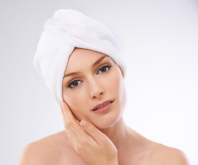 Image showing Calm, woman and portrait of skincare with beauty and healthy dermatology in studio background. Girl, relax and model with glow or shine on skin from facial, cosmetics or benefits of self care