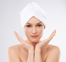 Image showing Face, skincare and portrait of woman with confidence from beauty and healthy dermatology in studio background. Girl, model and glow or shine on skin from facial, cosmetics or benefits of detox