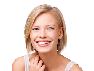 Image showing Portrait, beauty and smile with aesthetic woman in studio isolated on white background for self care. Face, skincare and wellness with happy young person at salon for cosmetics or dermatology