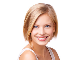 Image showing Portrait, skincare and smile with blue eyes woman in studio isolated on white background for self care. Face, beauty and satisfied with happy young person at salon for cosmetics or dermatology