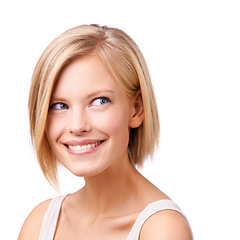 Image showing Skincare, makeup and thinking with aesthetic woman in studio isolated on white background for self care. Face, beauty and idea with confident young person at salon for cosmetics or dermatology