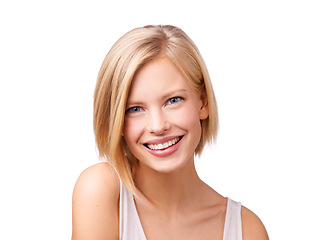 Image showing Portrait, hair and smile with aesthetic woman in studio isolated on white background for self care. Face, beauty and haircare with confident young person at salon for cosmetics or dermatology