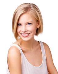 Image showing Woman, portrait and cosmetic beauty in studio with confidence for treatment routine, skin care or white background. Female person, face and dermatology wellness for health, makeup or mockup space