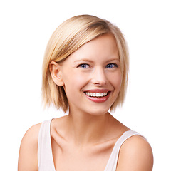 Image showing Portrait, beauty and happy with aesthetic woman in studio isolated on white background for self care. Face, skincare and smile with confident young person at salon for cosmetics or dermatology