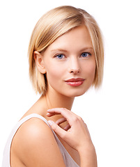Image showing Portrait, hair and skincare with aesthetic woman in studio isolated on white background for self care. Face, beauty and blue eyes with confident young person at salon for cosmetics or dermatology