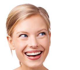 Image showing Beauty, smile and excited with makeup woman in studio isolated on white background for self care. Face, skincare and aesthetic with enthusiastic young person at salon for cosmetics or dermatology