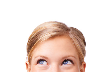Image showing Thinking, eyes and woman in studio with mockup space for advertising, promotion or marketing. Ideas, problem solving and half face of person with brainstorming expression by white background.