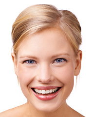 Image showing Smile, beauty and portrait of woman in studio with skincare, natural and face routine for wellness. Happy, cosmetic and female person from Canada with facial dermatology treatment by white background