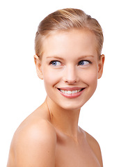 Image showing Skincare, happy and woman in studio with beauty, natural and face routine for wellness. Smile, cosmetic and young female person from Australia with facial dermatology treatment by white background