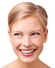 Image showing Skincare, smile and woman in studio with beauty, natural and face routine for wellness. Happy, cosmetic and young female person from Australia with facial dermatology treatment by white background.