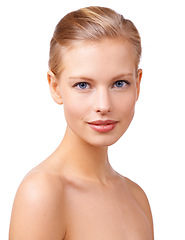 Image showing Beauty, portrait and woman in studio with natural, skincare and face routine for wellness. Health, cosmetic and young female person from Canada with facial dermatology treatment by white background.