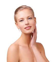 Image showing Skincare, health and portrait of woman in studio with beauty, natural and face routine for wellness. Glow, cosmetic and female person from Canada with facial dermatology treatment by white background