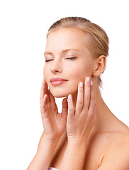 Image showing Beauty, glow and woman in studio with natural, skincare and face routine for wellness. Health, cosmetic and young female person from Australia with facial dermatology treatment by white background.