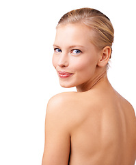 Image showing Portrait, makeup and skincare with back of woman in studio isolated on white background for self care. Face, beauty and aesthetic with confident young person at salon for wellness or dermatology