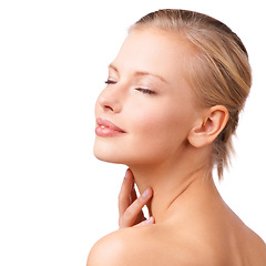 Image showing Happy woman, skincare and makeup cosmetics for beauty or facial treatment on a white studio background. Calm female person or model in relax or satisfaction for soft skin or hygiene on mockup space