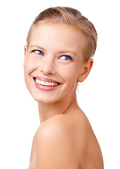 Image showing Happy woman, face and skincare with makeup for cosmetics, beauty or facial treatment on a white studio background. Young female person or model with smile in satisfaction for salon, spa or hygiene