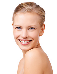 Image showing Happy woman, portrait and skincare with makeup for beauty, cosmetics or facial treatment on a white studio background. Young female person or model with smile in satisfaction for salon, spa or face