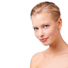 Image showing Happy woman, portrait and makeup with beauty cosmetics for skincare or facial treatment on a white studio background. Face of young female person or model in satisfaction for facial on mockup space