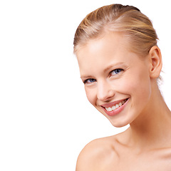 Image showing Happy woman, portrait and makeup with beauty in skincare or salon treatment on a white studio background. Face of young female person or model with smile in satisfaction for facial on mockup space