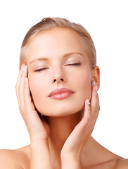 Image showing Calm woman, makeup and relax with beauty for cosmetics, facial treatment or skincare on a white studio background. Face of young female person or model in satisfaction for soft skin or wellness